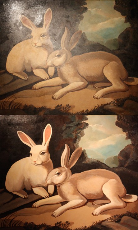 Oil painting on canvas of two rabbits c. 1920s, signed Skilling